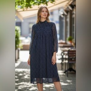 Stella & Julie Navy Blue White Polka Dot Mock Neck Smocked Shift Dress Size 14w